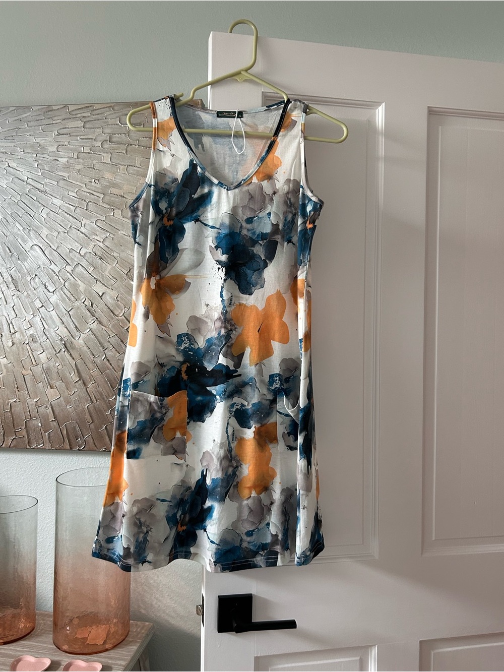 Sleeveless V-Neck Mini Dress in White with Navy & Orange Floral Print